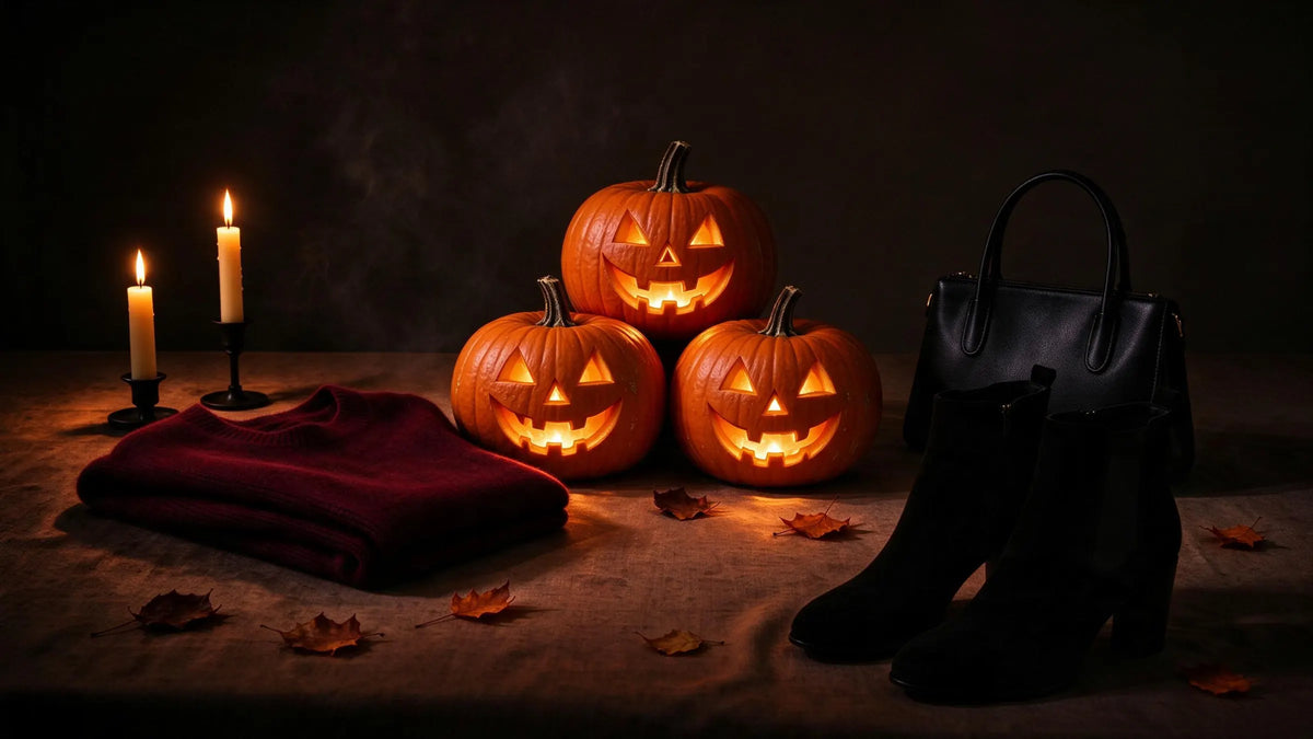 Zucche intagliate accese, candele, maglione bordeaux, borsa e stivaletti neri al buio