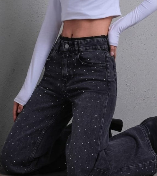 JEANS MERLETTO E STRASS NERO
