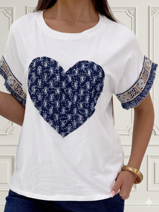 T-SHIRT CUORE IN DENIM E FRANGETTE