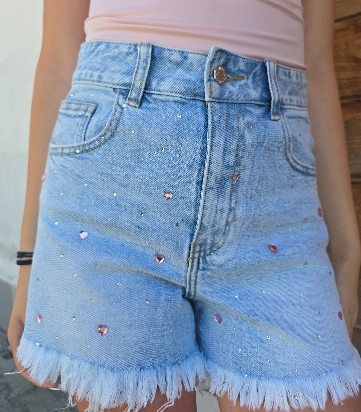 SHORTS CUORI STRASS DENIM