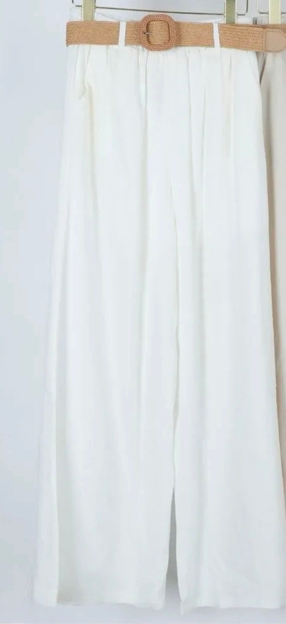 PANTALONI MISTO LINO CON CINTURA BIANCO E BEIGE