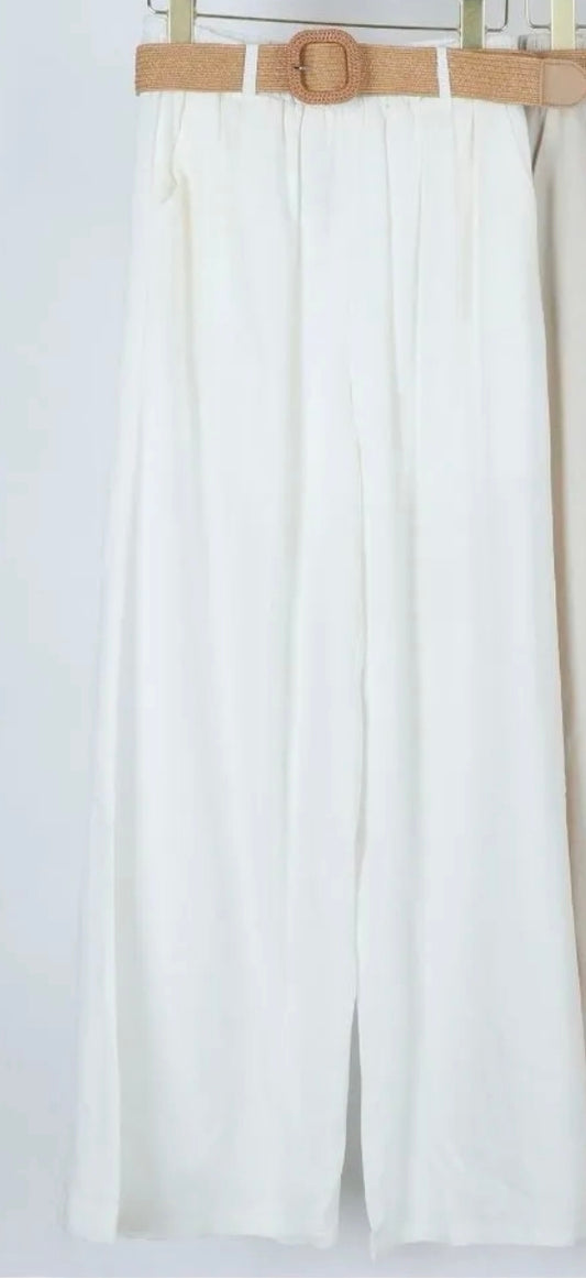 PANTALONI MISTO LINO CON CINTURA BIANCO E BEIGE
