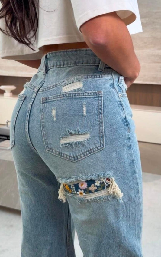 JEANS STRAPPO FIORI WIDE LEG