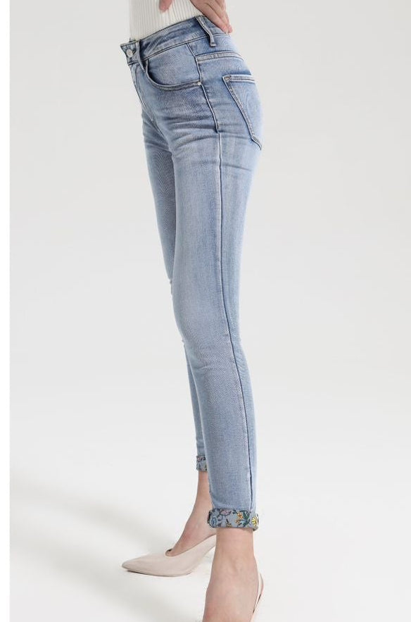 JEANS SKINNY PUSH UP RISVOLTO FIORI