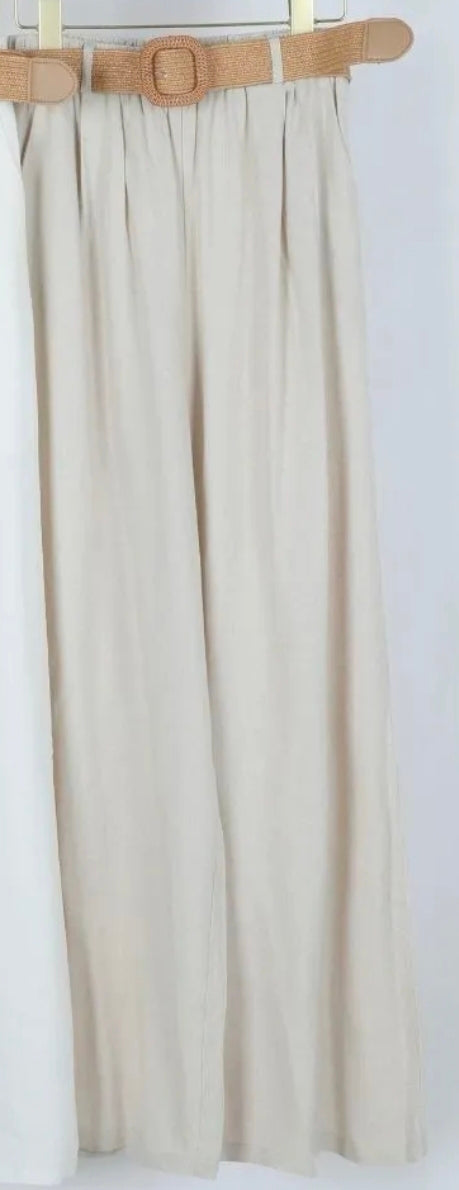 PANTALONI MISTO LINO CON CINTURA BIANCO E BEIGE