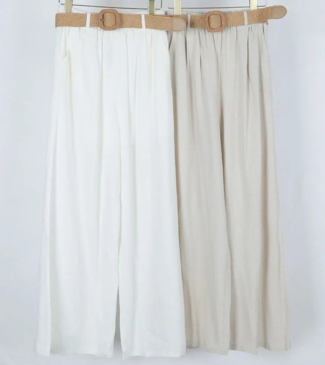 PANTALONI MISTO LINO CON CINTURA BIANCO E BEIGE