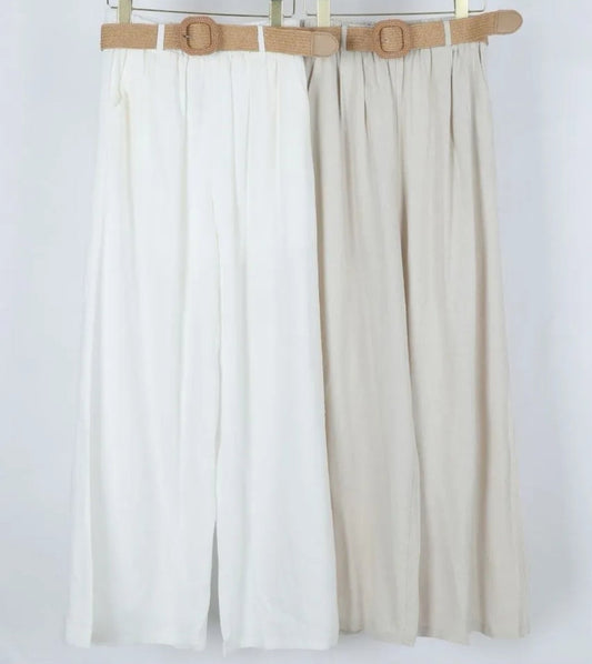 PANTALONI MISTO LINO CON CINTURA BIANCO E BEIGE