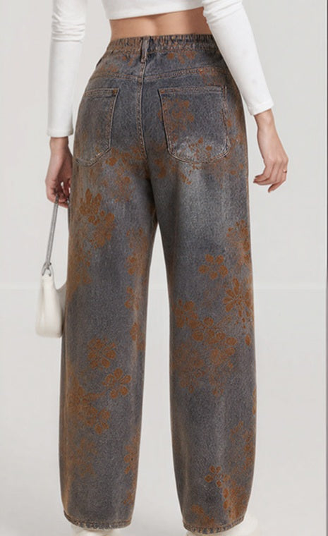 JEANS RICAMO FIORI MARRONI