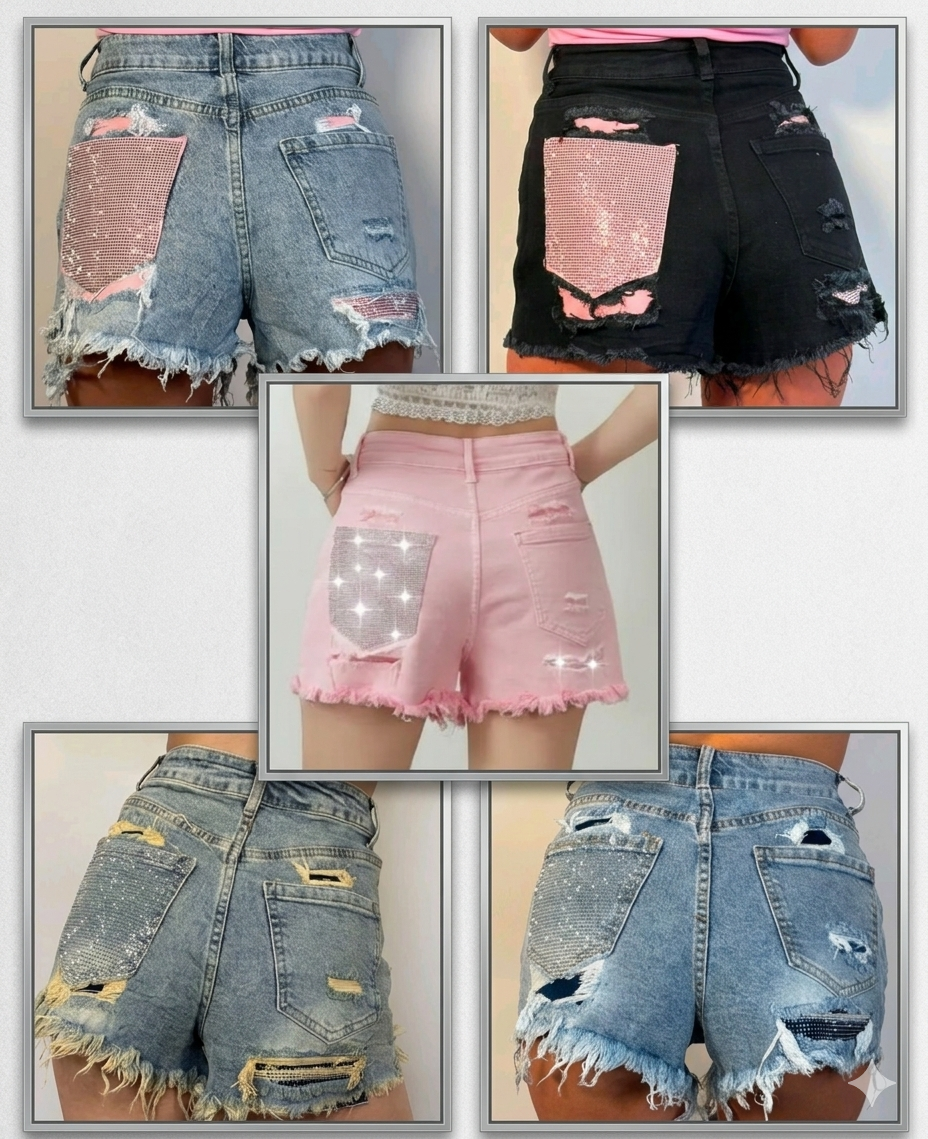 SHORTS TASCA GLITTER 6 VARIANTI (denim/rosa, rosa, nero, sabbiato e denim)