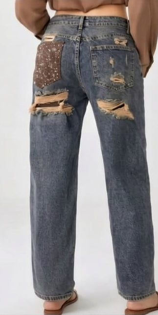 JEANS POCKET TASCA MARRONE STRASS