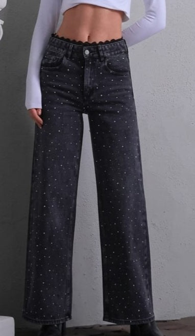 JEANS MERLETTO E STRASS NERO