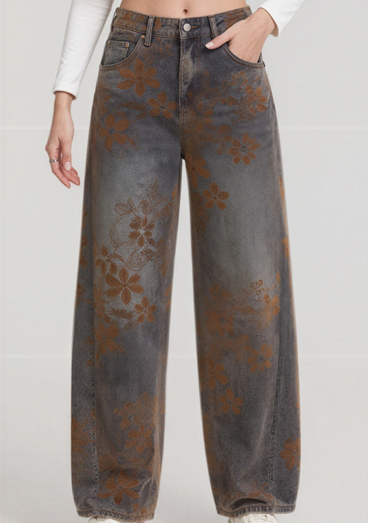 JEANS RICAMO FIORI MARRONI