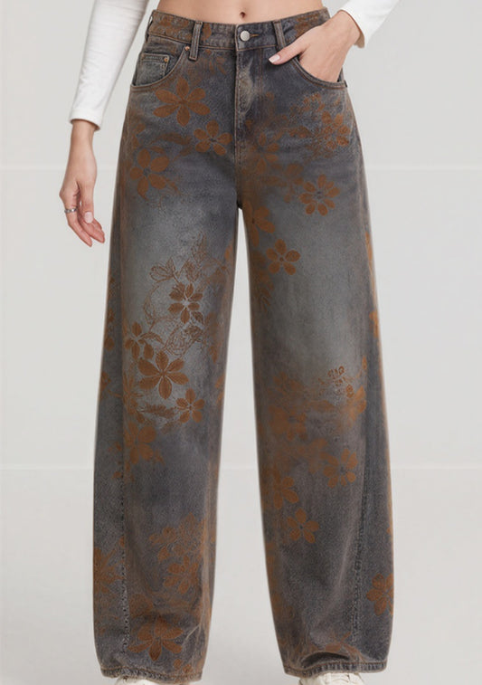 JEANS RICAMO FIORI MARRONI
